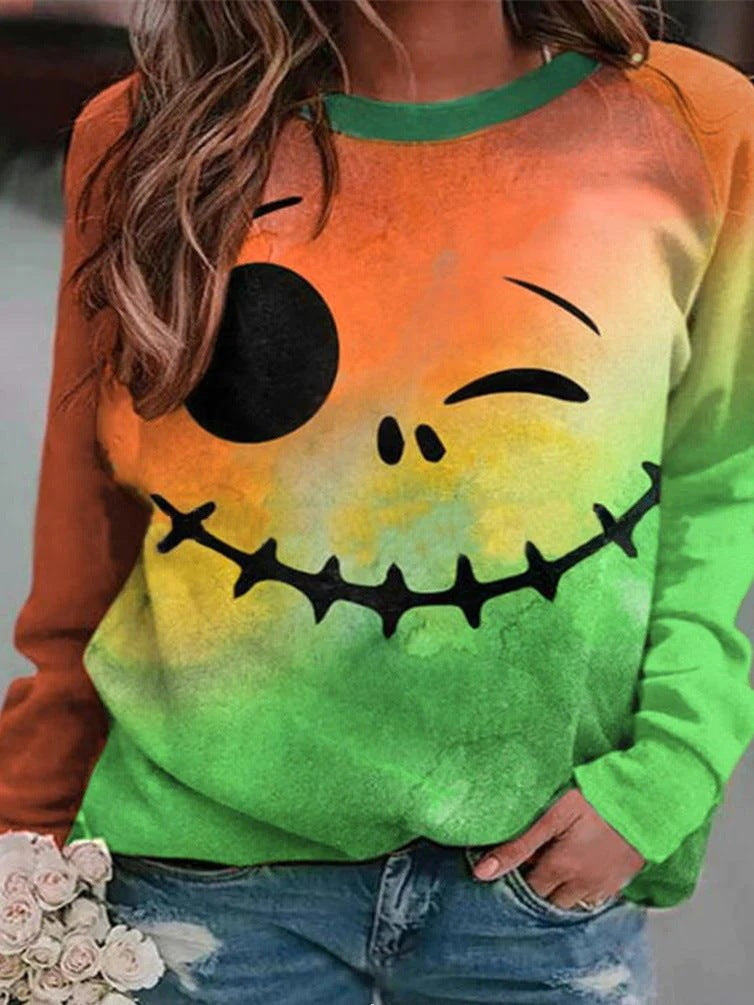 Style Trendy Line Fashion Round Neck Halloween Pumpkin Lamp T-shirt Girl Loose Top