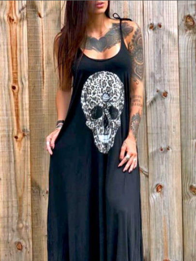 Strap Style Skull Mid-length Print Dress