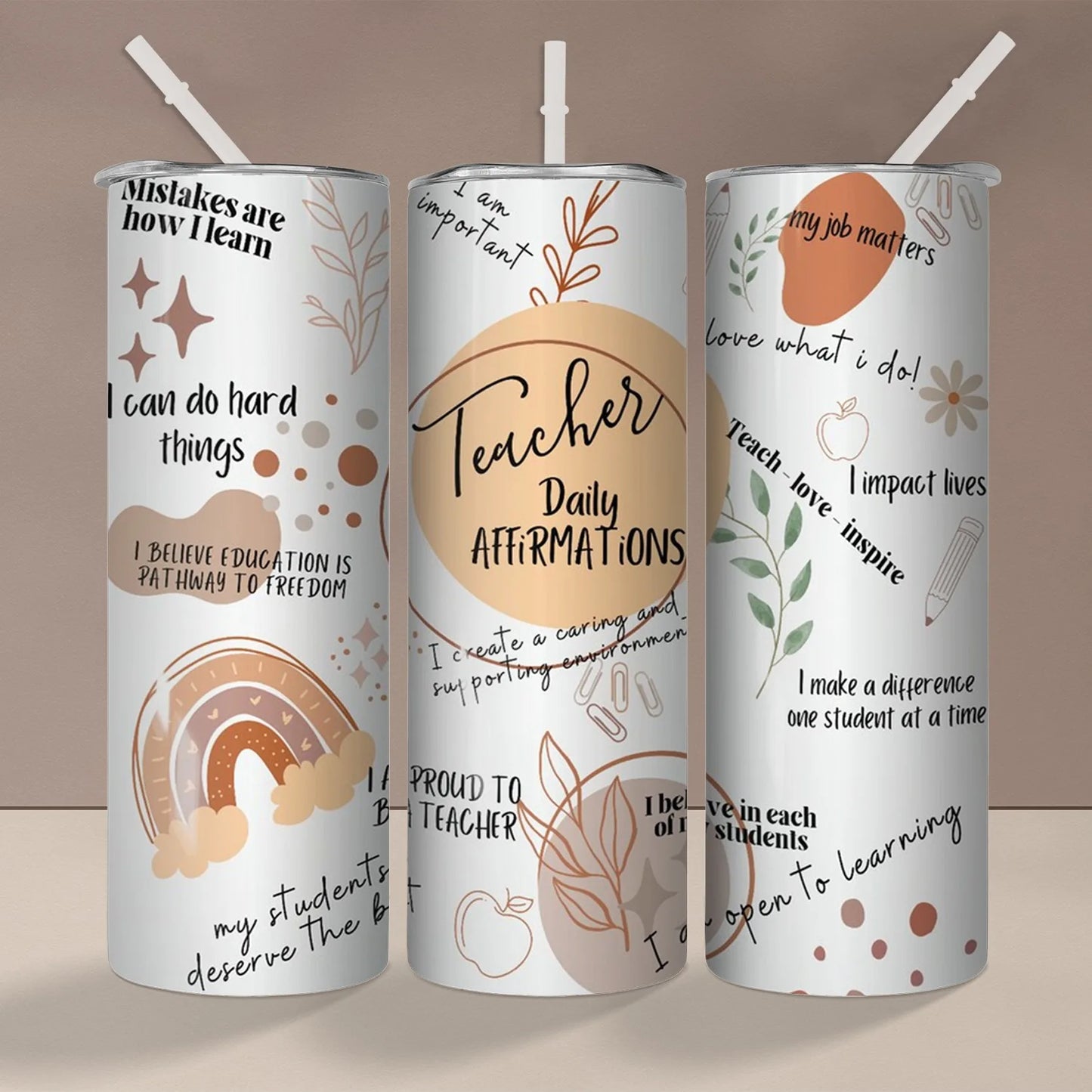 1pc 20oz Teacher Daily Affirmations Tumbler With Straw, Insulated Water Cups, Summer Winter Drinkware, Teacher's Day Gifts