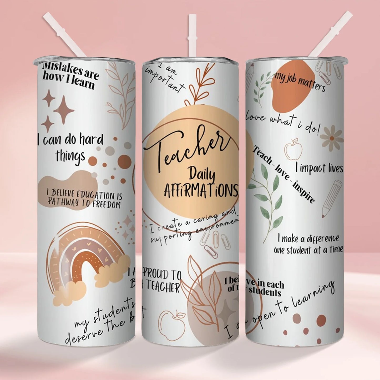 1pc 20oz Teacher Daily Affirmations Tumbler With Straw, Insulated Water Cups, Summer Winter Drinkware, Teacher's Day Gifts