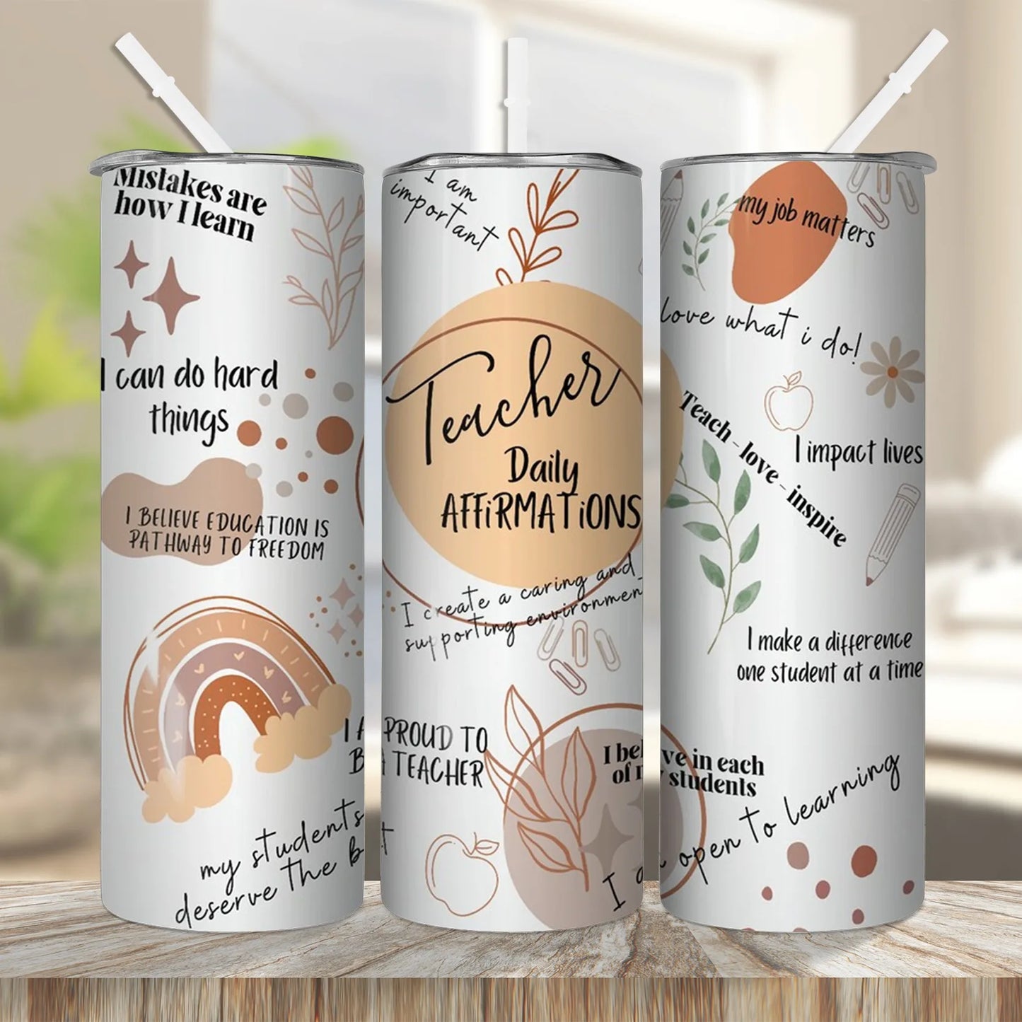 1pc 20oz Teacher Daily Affirmations Tumbler With Straw, Insulated Water Cups, Summer Winter Drinkware, Teacher's Day Gifts