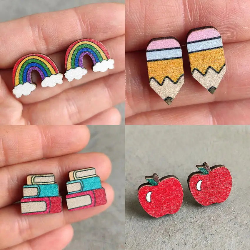 Cute Wooden Book Teacher Pencil Stud Earrings for Women Fashion Student Earrings Teacher's Gift Wood Apple Earrings Wholesale