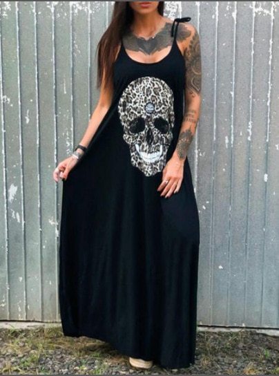 Strap Style Skull Mid-length Print Dress